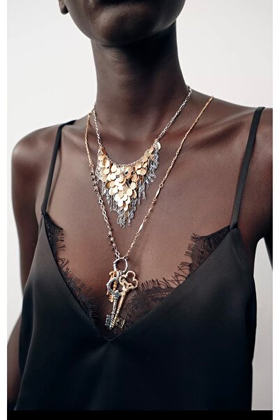 gingillo aksesuar Marka Model Çift Renk Pullu Anahtar Detay İkili Kolye