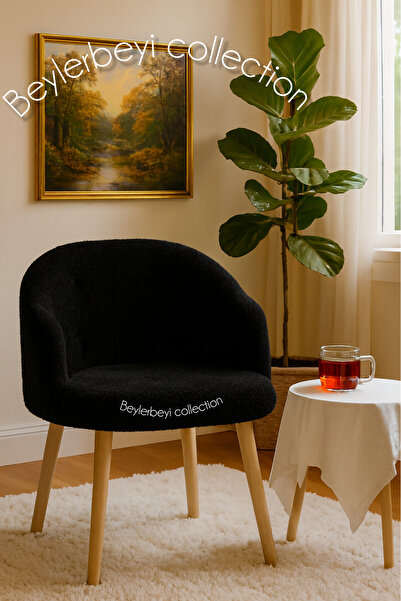 BEYLERBEYİ Gürgen ahşap ayak,sırtlı mini berjer siyah renkli peluş kumaş, dek...