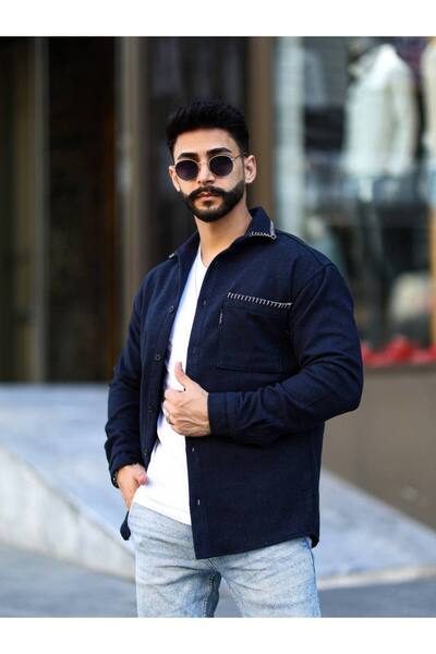modabm Erkek Nakış İşlemeli Tek Cep Detaylı Kaşmir Gömlek