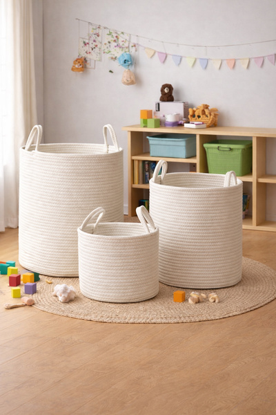 OLİDYA 3’lü Jüt Halat Sepet Seti | Büyük Boy Oyuncak & Çamaşır Sepeti | Dekor...
