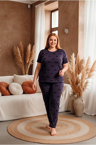 LİLA İÇ GİYİM Printed Plus Size Oversized Crew Neck Short Sleeve Knitted Paja...