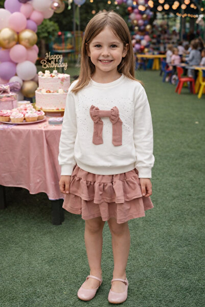 Yalçınoğlu Kids Girl's Stone Embellished Ribbon Detailed T-Shirt and Skirt Se...