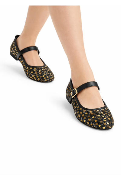 LUFFO Pantofi casual cu paiete aurii, strălucitori, tip Mary Jane, cu cataram...