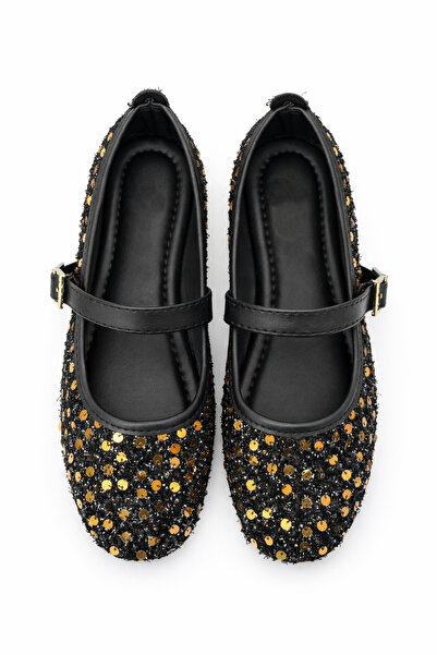 LUFFO Glittery Sequined Gold Shiny Mary Jane Ballerinas with Stylish Buckle a...