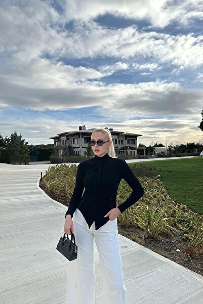 lizge giyim Asymmetric Button Detail Tricot Sweater