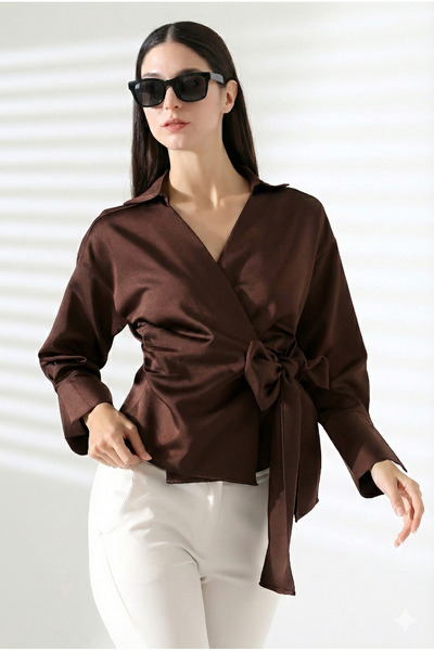 ribana Satin Double Breasted Collar Side Tie Shirt Blouse