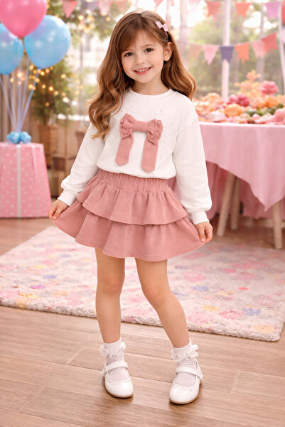 Yalçınoğlu Kids Set tricou și fustă pentru fete, cu panglică brodată cu pietr...
