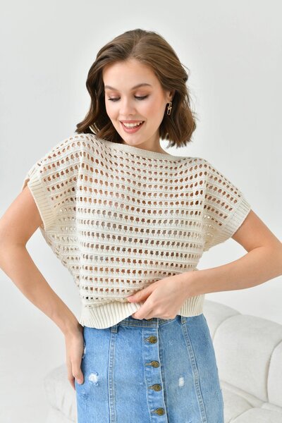 Park Karon Women's Boat Neck Openwork Crop Knitwear Blouse 8249Sw