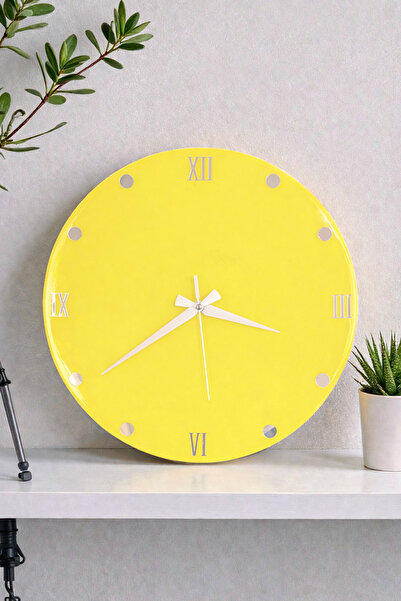 Dekoratif Epoksi Duvar Saati 40 cm, Neon Sarı Modern Tasarım, Gümüş Detaylı, Sessiz Mekanizma
