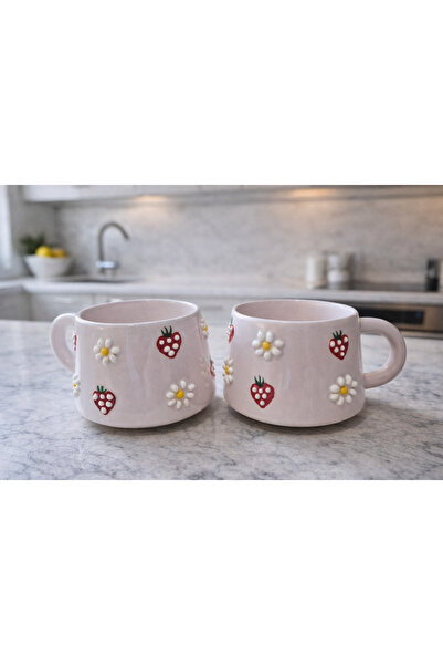NİVRA GRUP (2'Li) El Yapımı Seramik Kupa Bardak – Papatya Ve Çilek Desenli Ka...