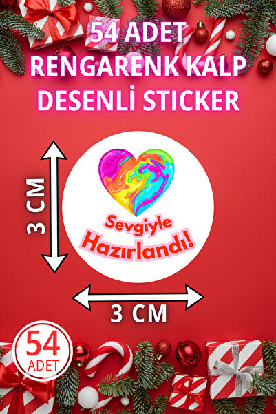 Pusula Marketim Rengarenk Kalp Desenli - Sevgiyle Hazırlandı! - Yazılı 54 Ade...