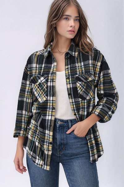 MAMAYAGA Women's Pattern Block Lumberjack Oversized Loose and Wide Fit Casual...