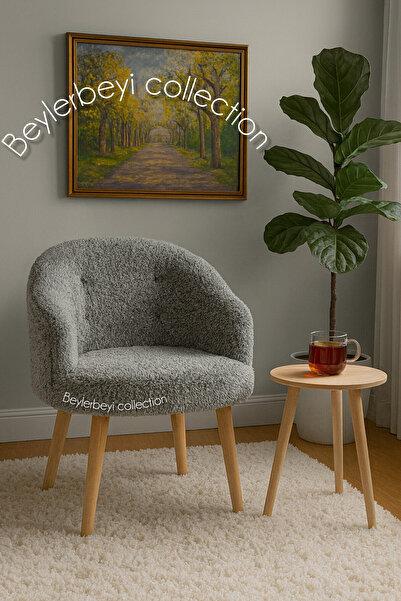 BEYLERBEYİ Gürgen ahşap ayak,sırtlı mini berjer Gri renkli peluş kumaş, dekor...