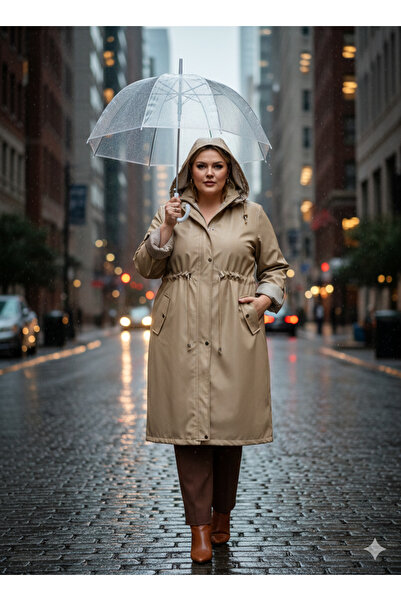 AKŞEN GİYİM Plus Size Detachable Hooded Trench Coat with Stripe Detail on Sle...