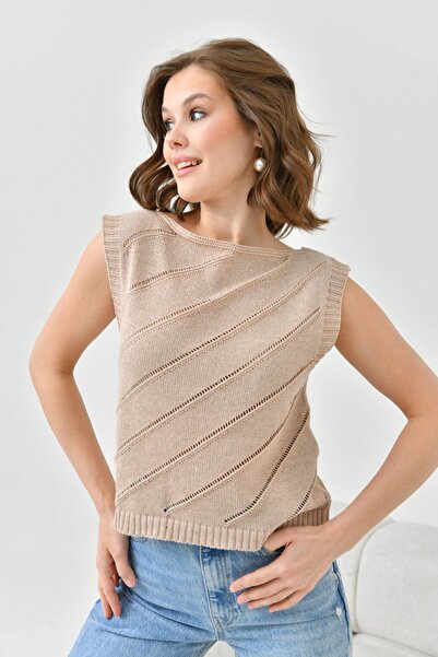 Park Karon Women's Crew Neck Knit Detail Openwork Knitwear Sweater 8254Sw