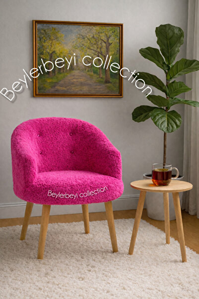 BEYLERBEYİ Gürgen ahşap ayak,sırtlı mini berjer fuşya renkli peluş kumaş, dek...