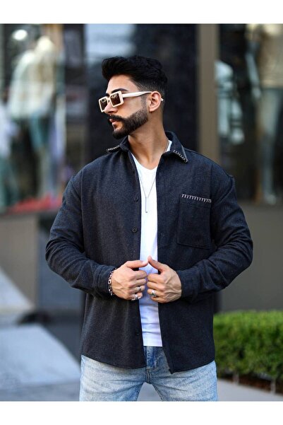 modabm Erkek Nakış İşlemeli Tek Cep Detaylı Kaşmir Gömlek