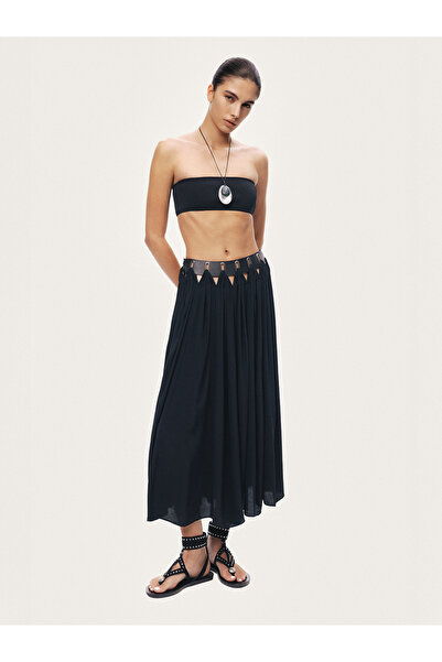Nocturne Kuş Gözü Kemer Detaylı Midi Etek