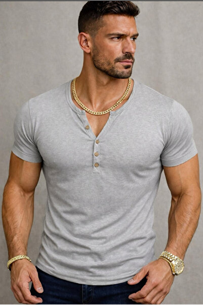 Custom Made Grey Henley Neck Dirty Neck Open Wide Neck T-Shirt with Slim Cut Button