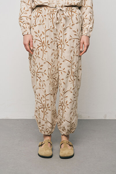 Orfeo Negro Women's Botanical Line Embroidered Waist Lace-Up Bohemian Trousers