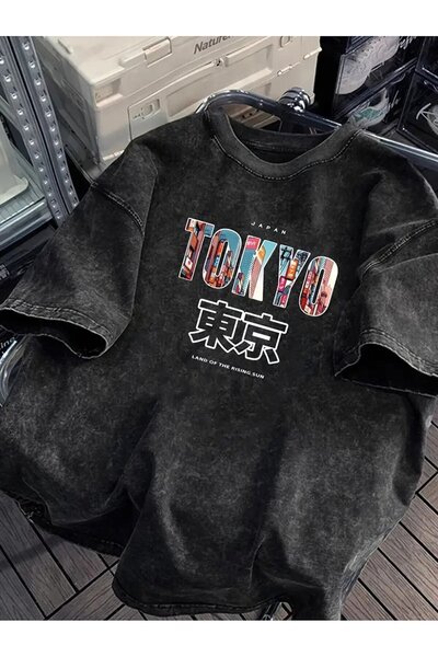 Le Savu Washable Tokyo Printed Unisex Oversize Vintage T-Shirt