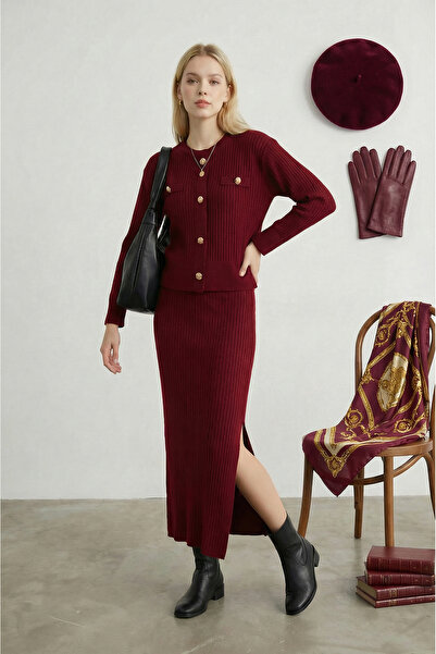 SAYZEN Selanik Knitted Gold Buttoned Sweater-Skirt Knitwear Set