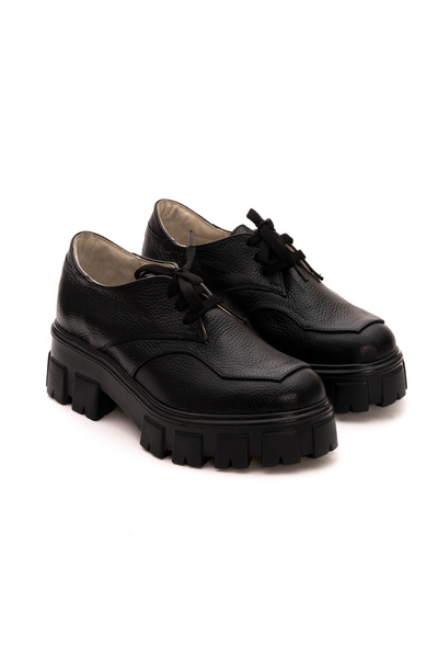 VAGAM Black Genuine Leather Shoes with Laces