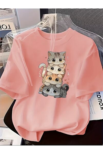 oneagılyazı Cat Pattern Short Sleeve Round Neck T-Shirt, Loose Cut Thin, Trendy