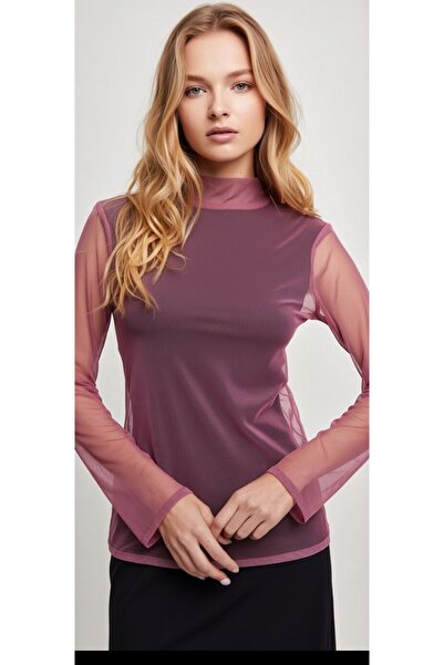 MODA NUR Modanur Dusty Rose Color, Lycra, Transparent Tulle Blouse. S Size