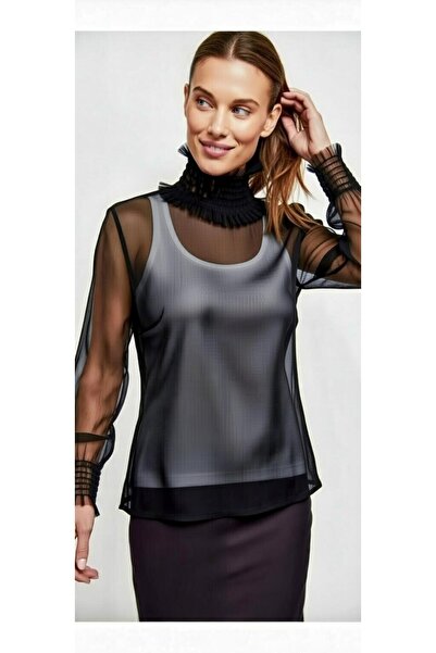 MODA NUR Modanur Black Color, Lycra, Transparent Tulle Blouse. XL Size