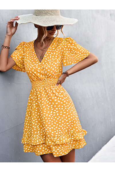 GENERAL Casual polka dot dress, V-neck, short sleeves, yellow color, suitable...