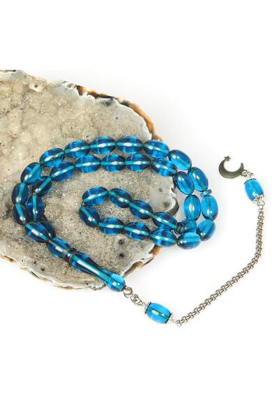 Taş Sandığı Sky Blue Steel Tassel Clasp Amber Prayer Beads (7*11 mm)