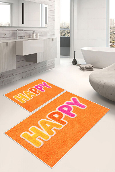 Mortapi Happy Written Orange Digital Printed Non-Slip Base Washable 2-Piece B...