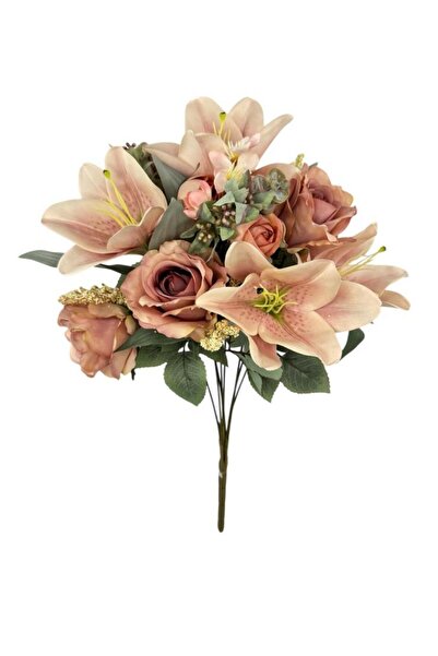 Nettenevime Yapay Çiçek Gül Kurusu Renk Aranjman Demeti 9Dallı Buket Gül Lily...