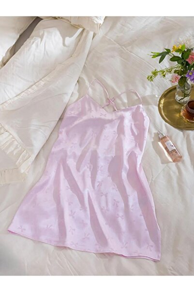 LC Waikiki Pink V-Neck Bow Patterned Strappy Satin Fancy Nightgown (S6)