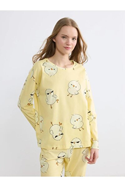 LC Waikiki Κίτρινο σετ γυναικείων πιτζαμών με σχέδιο σε λαιμόκοψη ποδηλάτου (S6)