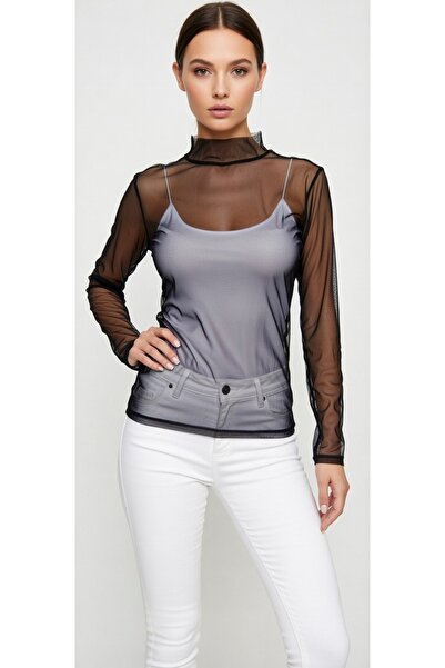 MODA NUR Modanur Black Color, Lycra, Transparent Tulle Blouse. S Size