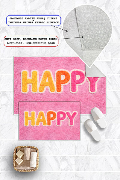 Mortapi Happy Written Pink Digital Printed Non-Slip Base Washable 2-Piece Bath Mat 50X60-60X100