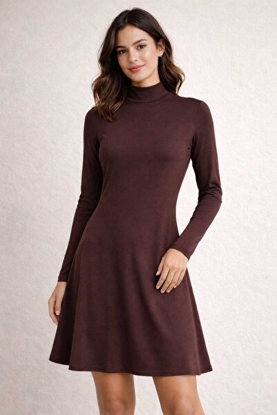 kikiriktekstil Women's 100% Cotton Long Sleeve High Neck Combed Cotton Dress