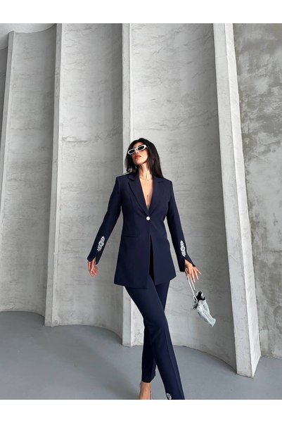 SUXİRCNHTMTS Set două piese pentru femei, blazer cu detalii din pietre și pantaloni cu croială dreaptă, stil șic