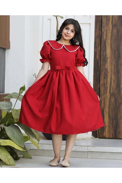 Totikids Girls' dress with pearl collar and waist bow | Colors (red, lemon) -...