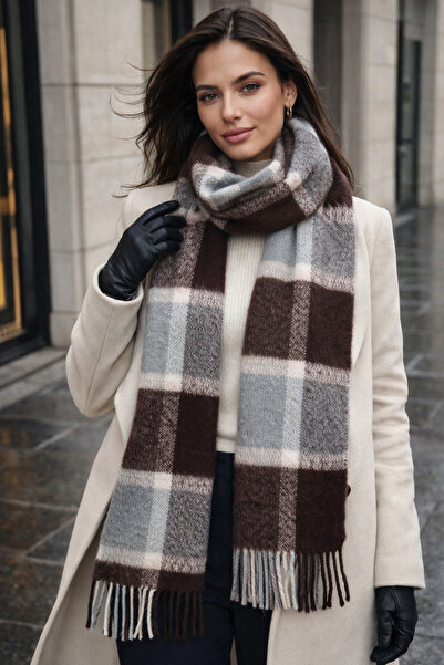 Luminos Butik Women's Gray Plaid Patterned Scarf-Shawl Sal1305