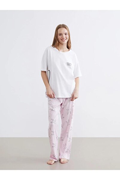 LC Waikiki Γυναικείο σετ πιτζάμες με ροζ στάμπα και λαιμόκοψη ποδηλάτου (S6)