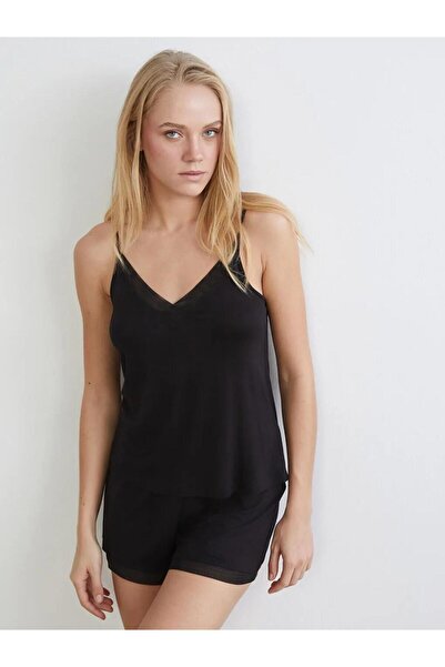 LC Waikiki Black V-Neck Strappy Women's Shorts Pajama Set (S6)