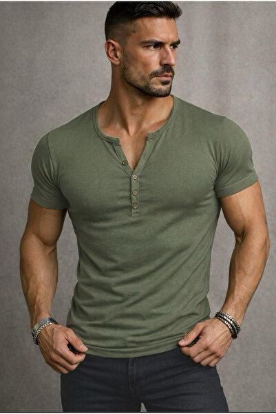 BYBÜLENT Özel Üretim Haki Yeşil Henley Yaka düğmeli Açık Geniş Yaka Tişört T-...