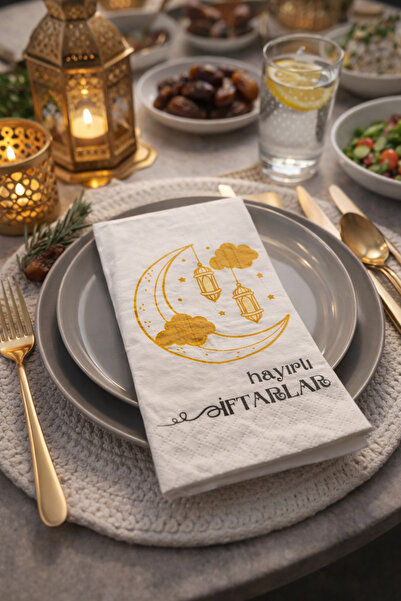 Soft Kare Ramazan Temalı Kağıt Peçete – Hayırlı İftarlar – Ay & Fener Desenli...