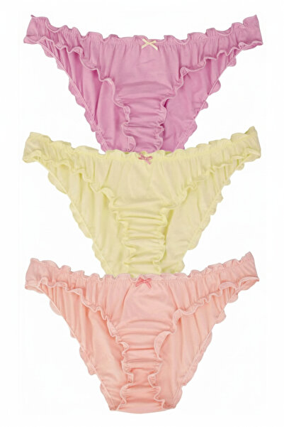 Dominant Kadın 3'lü S Beden Pamuklu Fırfırlı Bikini Külot Seti - Somon Sarı Mor