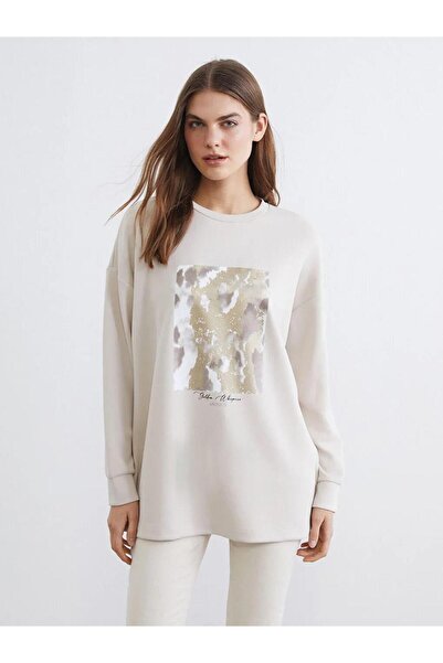 LC Waikiki Gray Printed Soft Touch Oversized Women's Sweatshirt Tunic (S6)