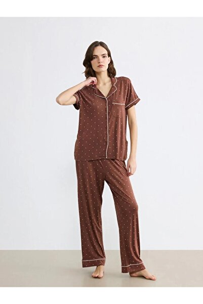 LC Waikiki Brown Shirt Collar Polka Dot Women's Pajama Set (S6)