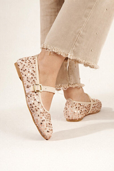 STOCON Silvery Beige Sequined Mary Jane Ballerinas with Stylish Buckle and Or...